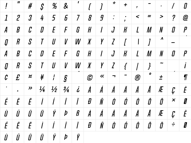 Chosence Italic  glyph index