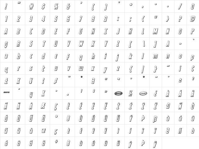 Captain Canaveral 3D Italic Italic  glyph index
