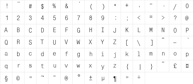 MonoCondensedC Regular  glyph index