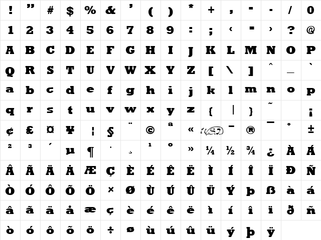 Rockney Extrabold Regular  glyph index