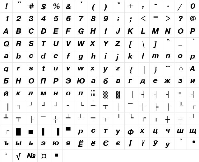 PragmaticaDOSCTT BoldItalic  glyph index