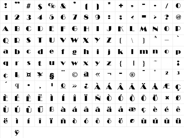 Broadway Regular  glyph index
