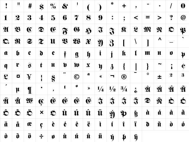 Fette Fraktur Regular  glyph index