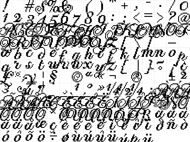 PF Pixelscript Pro Regular  glyph index