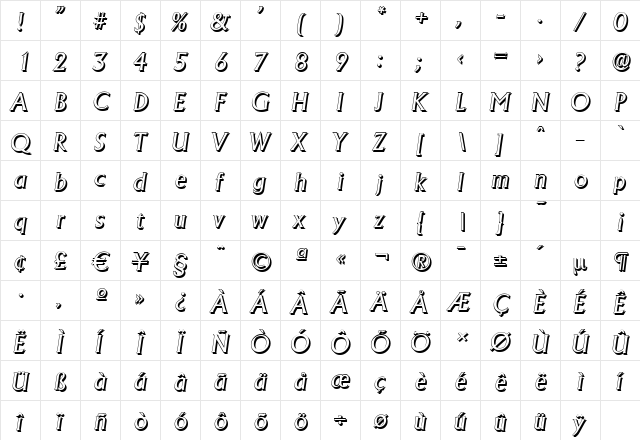 AdelonShadow Italic  glyph index