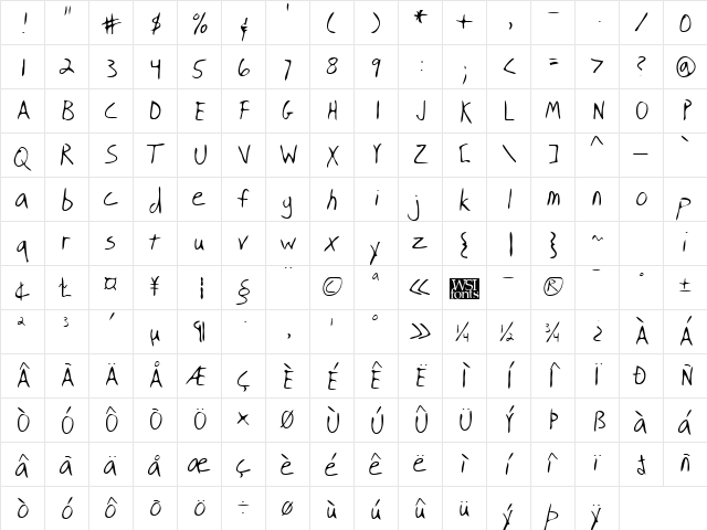 OlliesHand Regular  glyph index