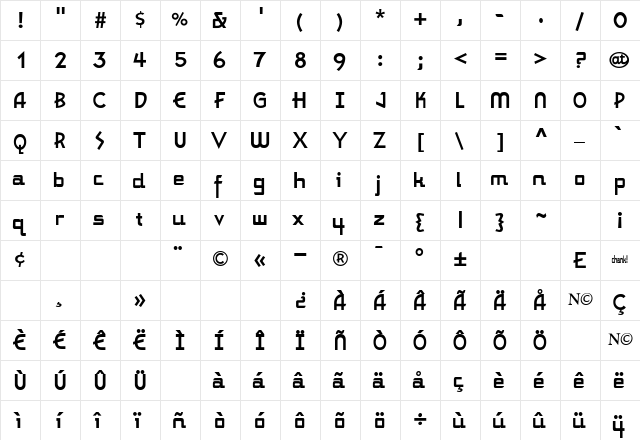Parkway Resortotel Regular  glyph index