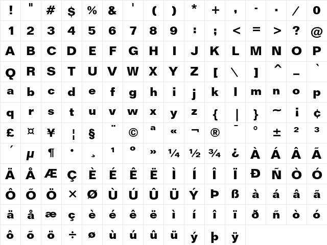 Folio Bold  glyph index