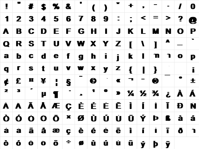 Arial Black Bold  glyph index