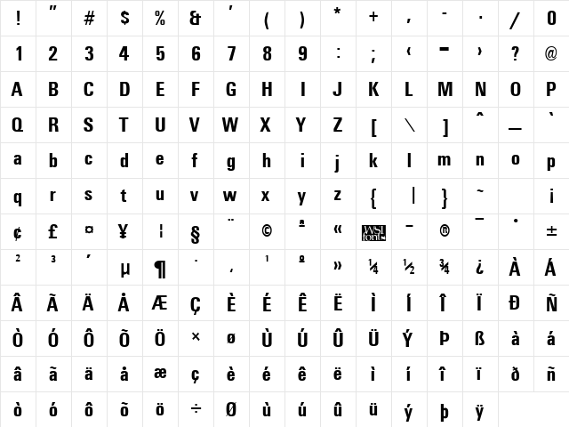 UniversalCondensed Bold  glyph index