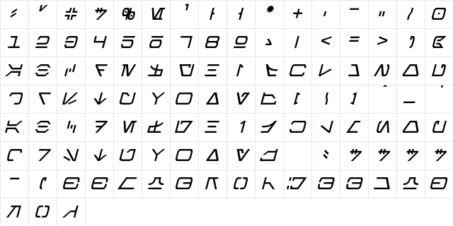 Aurebesh Italic  glyph index