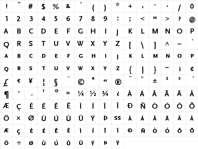 ScalaSans Caps Bold  glyph index