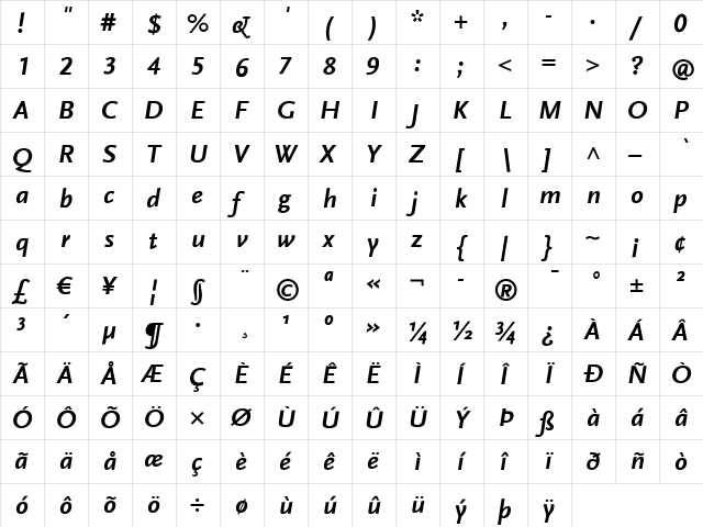 ScalaSansLF Bold Italic  glyph index