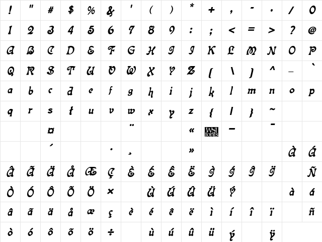 Topeka Bold Italic  glyph index