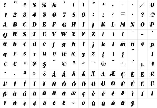 Nashville-Serial-ExtraBold RegularItalic  glyph index