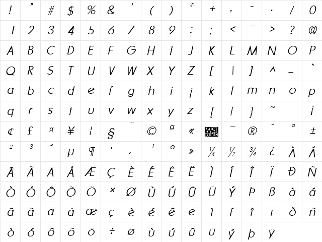 SharnayExtralight Italic  glyph index