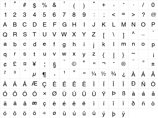 Helvetica S Regular  glyph index