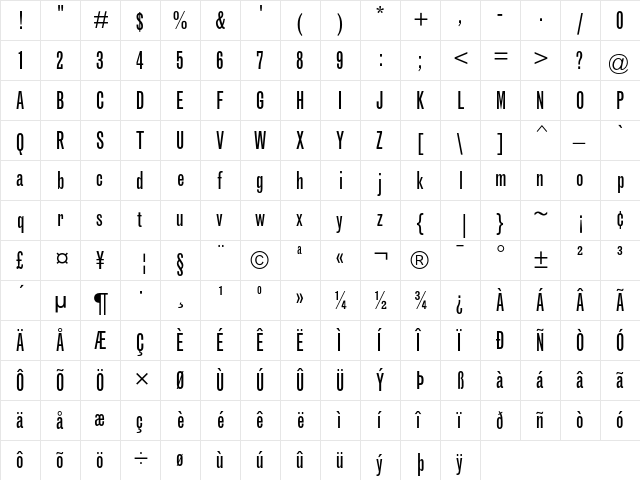 Grotesque MT Extra Condensed  glyph index
