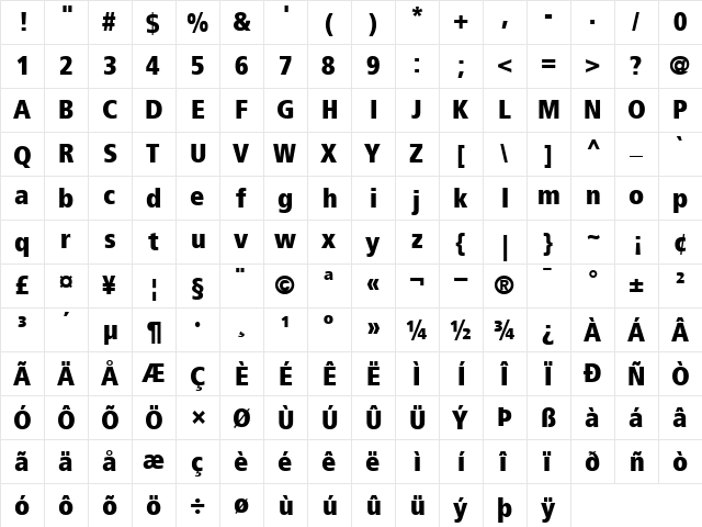 Frutiger Extra Black Cn Regular  glyph index