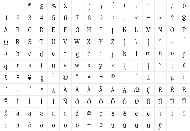 WaverlyLightCondensed Roman  glyph index