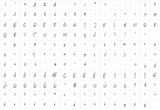 Angelwine Regular  glyph index