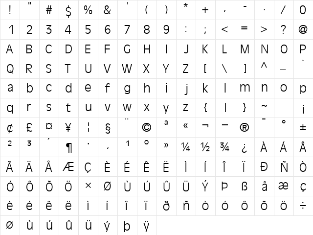 DecadeLightSSK Regular  glyph index