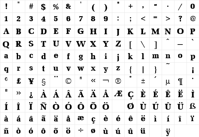 Mezzo Bold  glyph index