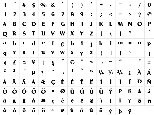 Linex Sweet Std Bold  glyph index