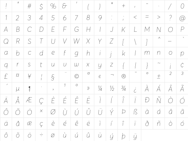 Averta Extrathin Italic  glyph index