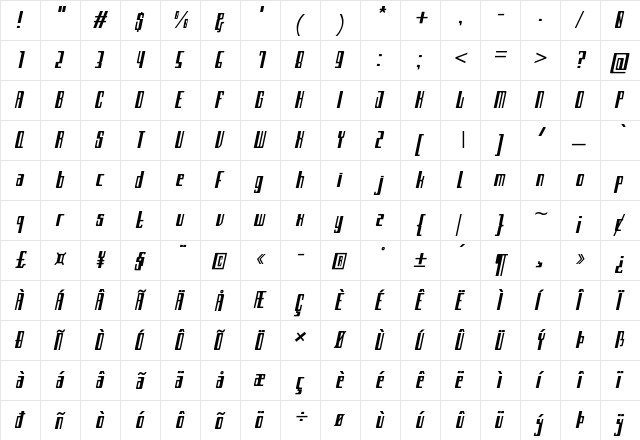 Archimate Italic Regular  glyph index