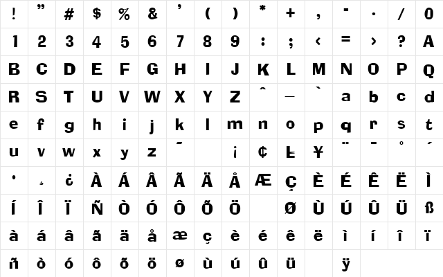 Adamsky SF Regular  glyph index