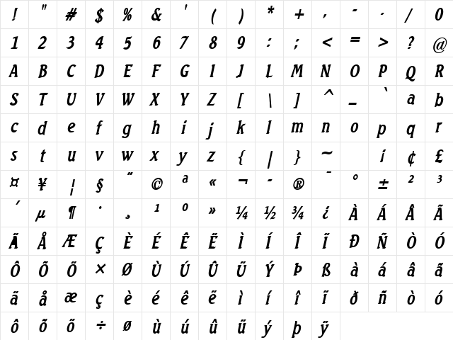 Beach-Condensed Bold Italic  glyph index