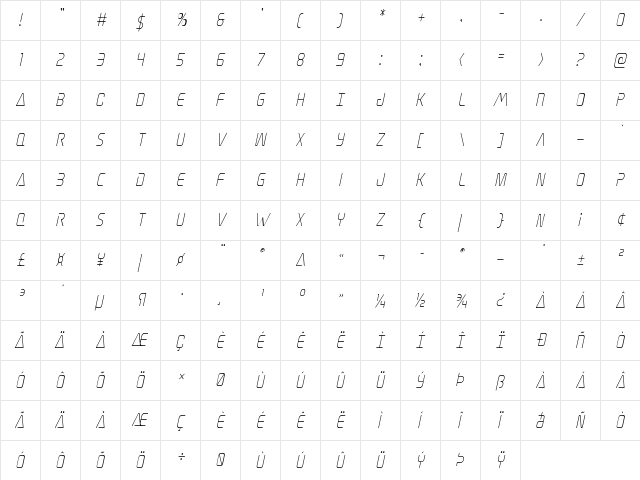 Elite Danger Condensed Italic Condensed Italic  glyph index