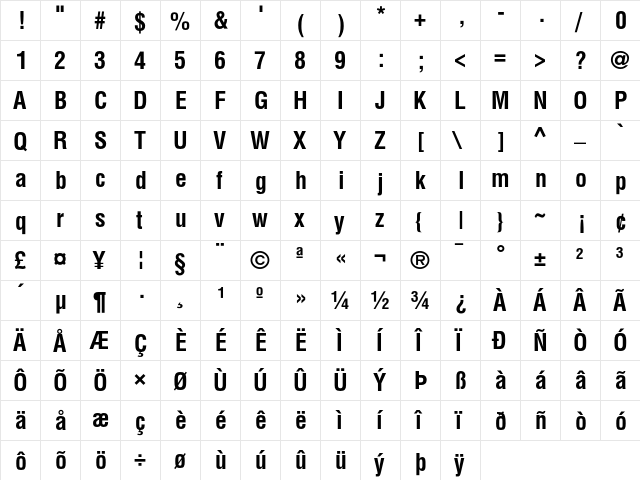 Helvetica Condensed Bold  glyph index