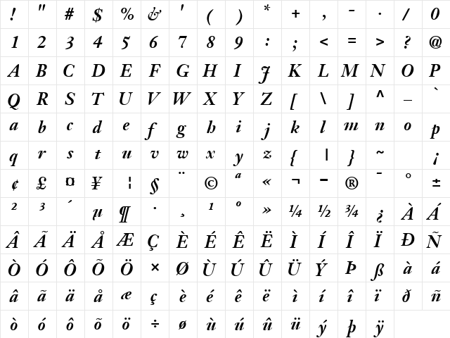 JansonSSK BoldItalic  glyph index