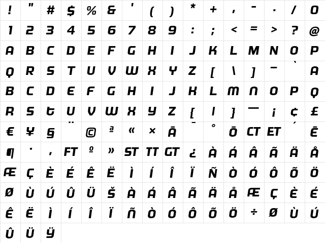 MorganBig Bold Italic  glyph index