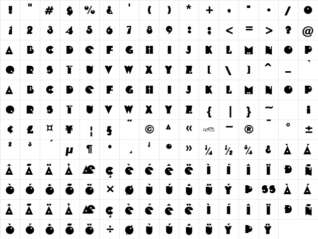 ShotShell Regular  glyph index