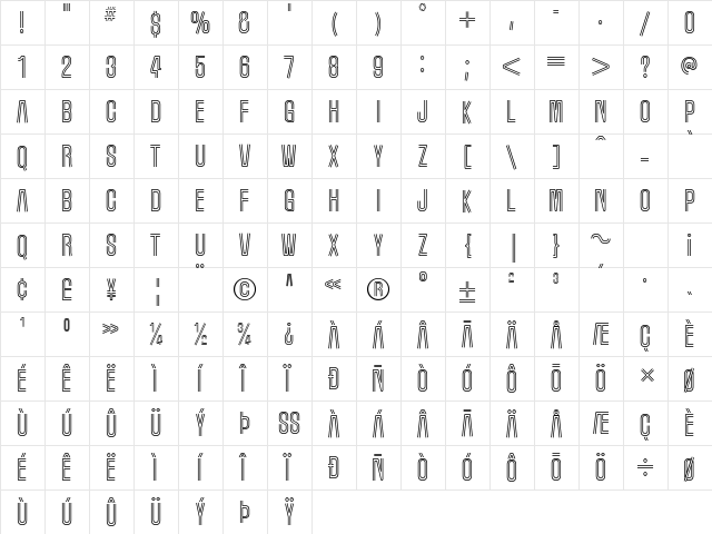 Marquee Moon Regular  glyph index