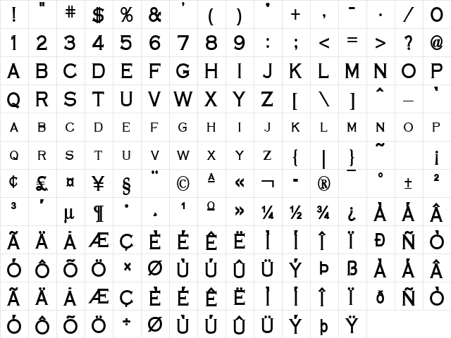 Cobalt-Condensed Bold  glyph index