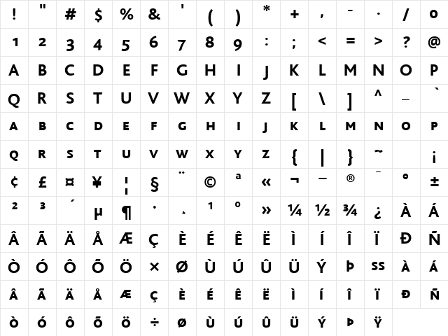 BlissCapsExtraBold Regular  glyph index