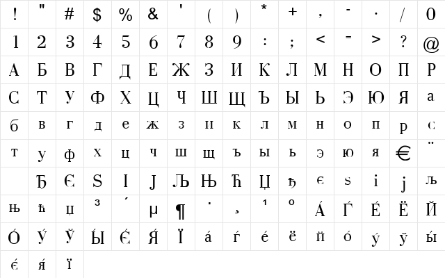 Tsar Normal  glyph index