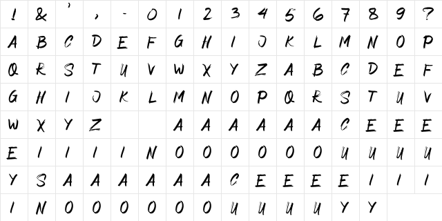 Asimone Brush Regular  glyph index