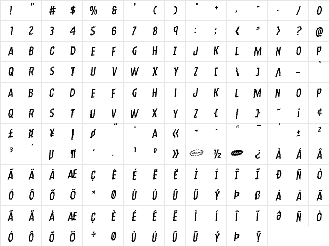Ampire Staggered Rotalic Italic  glyph index