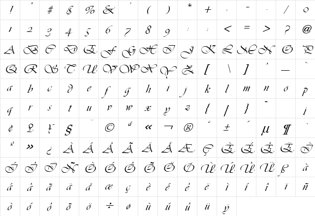 Vivaldi ICG Regular  glyph index