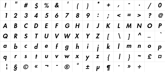 FavoritHeavyC Italic  glyph index