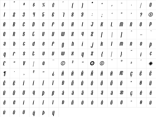 Lithia Italic  glyph index