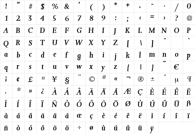 Jessica-MediumIta Regular  glyph index