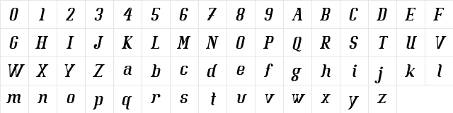 Batavia Glamore BOLD ITALIC Bold Italic  glyph index