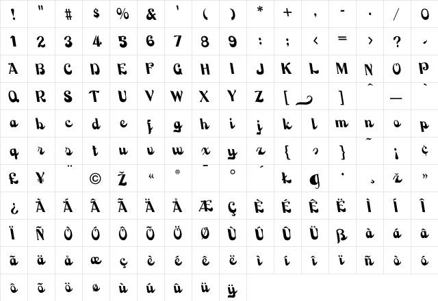 BackhandScript Regular  glyph index