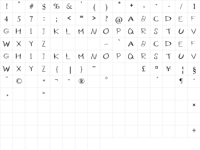 Slender Regular  glyph index
